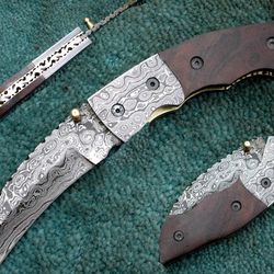 folding knife custom hand made damascus steel pocket knife rose wood handle