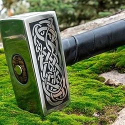 handmade forged viking hammer with ash wood handle and leather grip. best men's gift