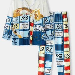 women cat print lapel collar colorful long sleeve pajamas