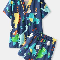 plus size women cotton cartoon dinosaur print v-neck short sleeve sauna clothes