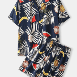 plus size women tropical fruit & leaf print revere collar casual pajama sets
