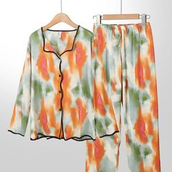 women tie dye print contrast binding button cozy home pajamas sets