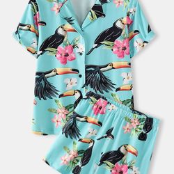 plus size women cartoon bird print revere collar shirt & shorts pajama sets