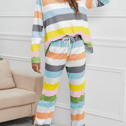 plus size women colorful horizontal stripe drawstring pants loungewear pajamas sets