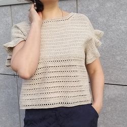 Women's linen blouse, crochet top, hand knit T shirt, flounced top, sequin top, beige cotton top, women's tee -shirt