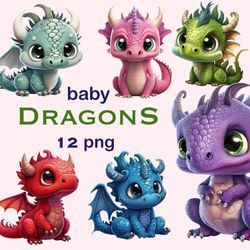 cute baby dragon clipart, dragon art png images bundle, fantasy winged creatures colorfull artwork, free commercial use