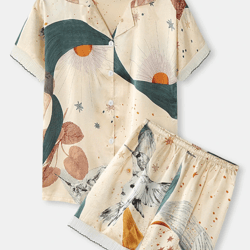 women bird print revere collar frills trim short sleeve pajama sets