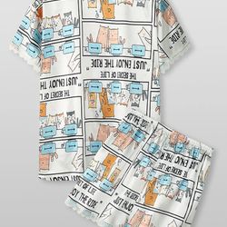 women cartoon cat letter print revere collar ice silk home pajama sets