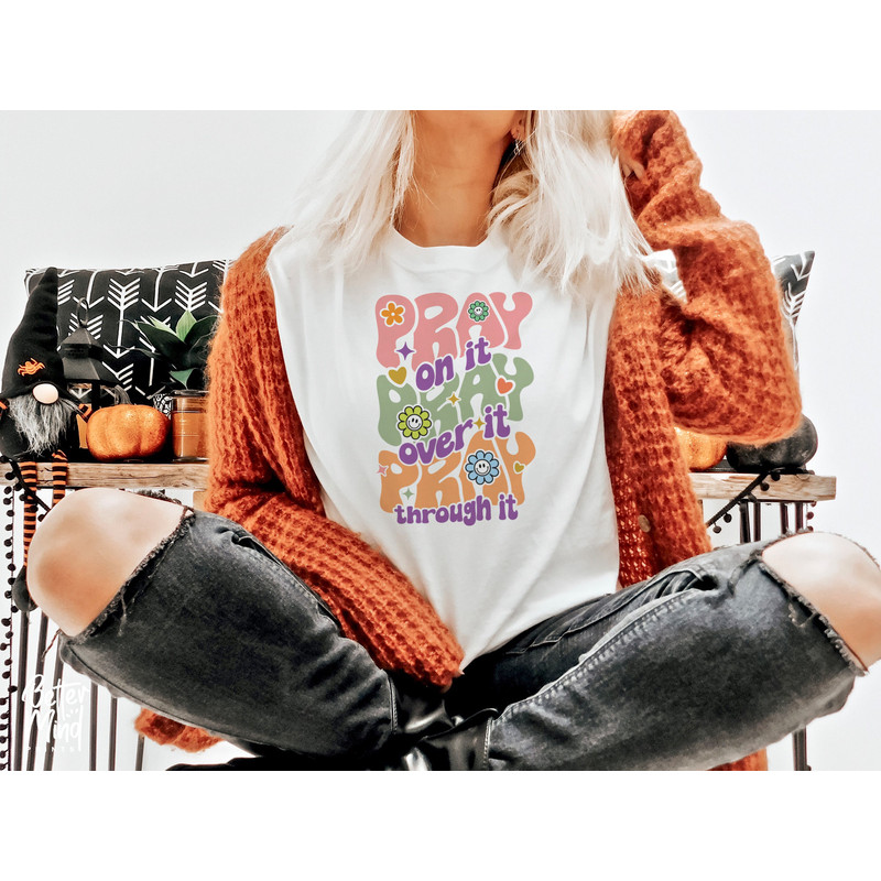 Retro Floral Christian SVG PNG, Back Design, Pray on it Pray over it, Groovy Christ Summer T-Shirt Sublimation Transfer - 2.jpg