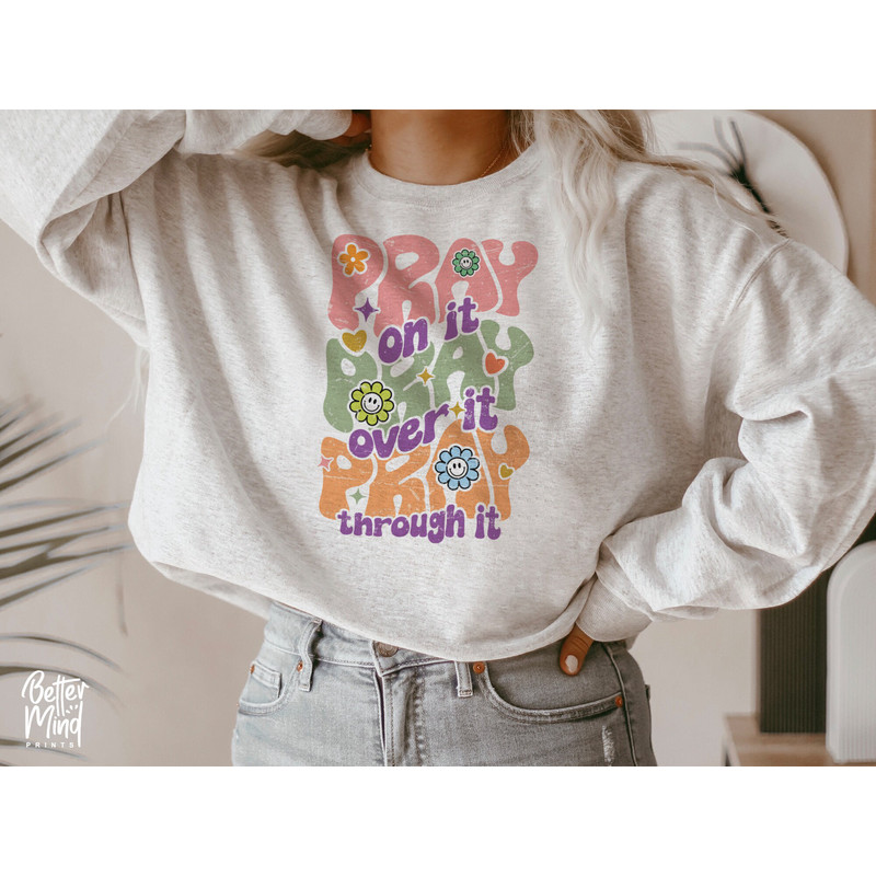 Retro Floral Christian SVG PNG, Back Design, Pray on it Pray over it, Groovy Christ Summer T-Shirt Sublimation Transfer - 3.jpg