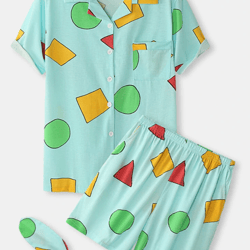 plus size women geometry print revere collar pajamas sets with eye cover