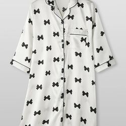 women faux silk bow print revere collar button up soft shirt nightdress