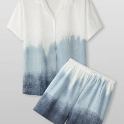 women ombre revere collar short sleeve home pajama sets