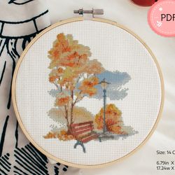 Cross Stitch Pattern,Autumn Park Scene with Trees, Leaves And Bench,Printable Cross Stitch Chart,Gift for Nature Lovers
