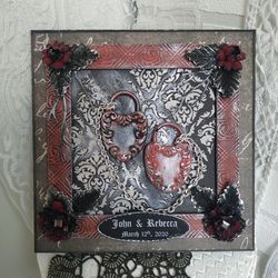 Personalized gothic wedding card in gift box. Black red silver color