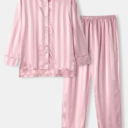 women striped satin button up high low hem smooth pajamas sets