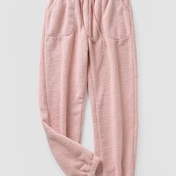 women plush texture solid color drawstring warm pajama bottom