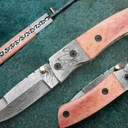 hand made folding pocket knife , superior custom made damascus steel pocket knife