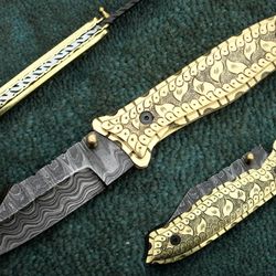 Damascus Folding Knife , Stunning Custom Hand Made Damascus Folding Pocket Knife