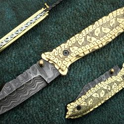 damascus folding knife , stunning custom hand made damascus folding pocket knife
