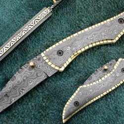 superior hand made folding knife , custom damascus steel pocket folding knife