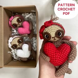 Crochet sloth pattern PDF amigurumi animal, a sloth with a heart and an egg, a toy for Easter, a toy with a heart