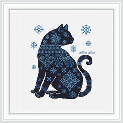 Cross stitch pattern Cat silhouette snowflakes geometric ornament monochrome kitten feline counted crossstitch patterns