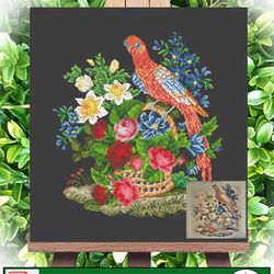 Cross stitch pattern Basket of flowers with a bird / Vintage cross stitch pattern Bird