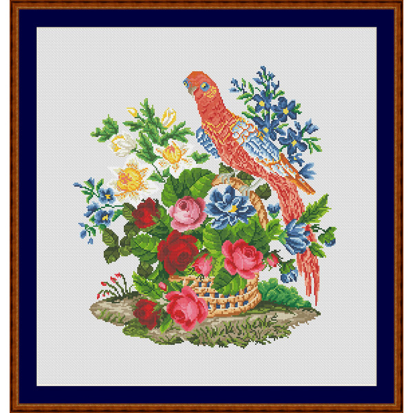 Cross stitch pattern Basket of flowers with a bird