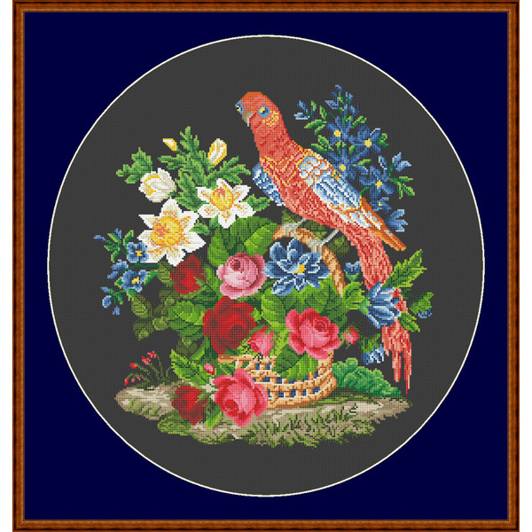 Cross stitch pattern Basket of flowers with a bird