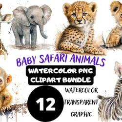12 baby safari animals watercolor clipart bundle, cute animals, free commercial use, digital product, png file, 300dpi