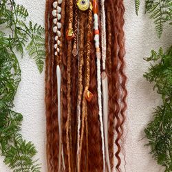 Bohemian set of textured DE dreadlocks and DE braids with curls red orange white colors 21-22 inches