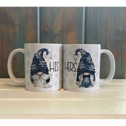 his and hers, gnome mugs, winter gnome mugs, snowflake gnomes, gnome gift, set of 2 mugs