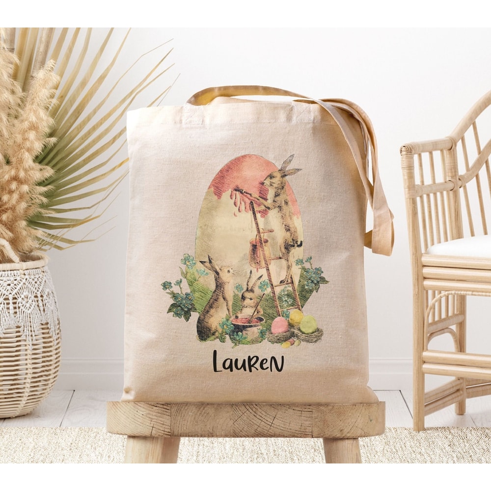 Artsy Tote Bag Personalized Easter Basket Tote Bag Easter Bucket Cute Easter Tote Bag Boy Easter Basket Girl Rabbit Tote Bag Easter Egg Hunt - 2.jpg