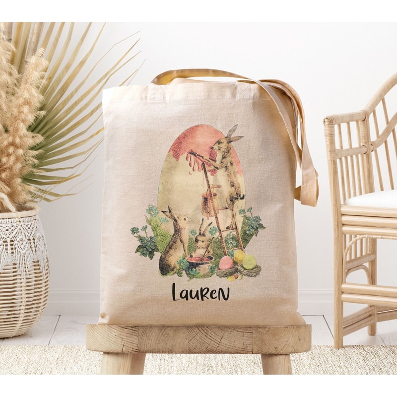 Artsy Tote Bag Personalized Easter Basket Tote Bag Easter Bucket Cute Easter Tote Bag Boy Easter Basket Girl Rabbit Tote Bag Easter Egg Hunt - 2.jpg