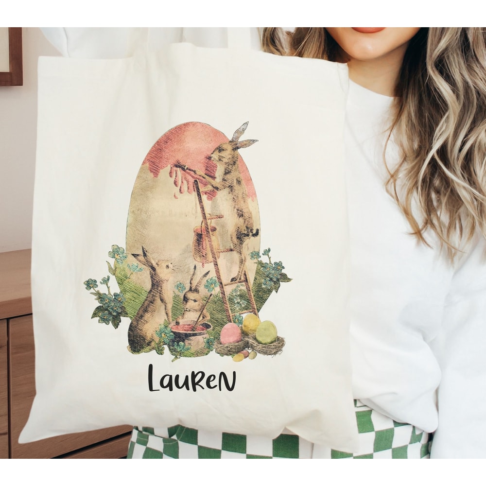 Artsy Tote Bag Personalized Easter Basket Tote Bag Easter Bucket Cute Easter Tote Bag Boy Easter Basket Girl Rabbit Tote Bag Easter Egg Hunt - 3.jpg