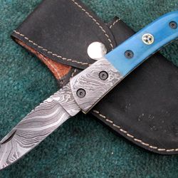 Hand Made Damascus Folding Knife , Stunning Custom Made EDC Pocket Knife