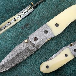 superior hand made folding knife , custom made damascussteel blade pocket knife