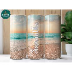 personalized beach tumbler with straw, summer vacation tumbler for her, personalized beach theme tumbler cup, sunset bea