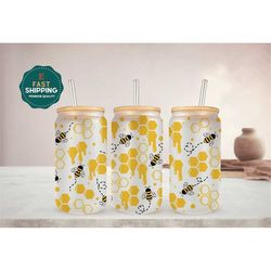 bee gifts glass cup for women, bee glass cup for girl, bee gifts for women, bee lover gift, bee glass tumbler with lid a