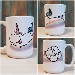 funny unicorn mug, go away, unicorn gift, fart mug, unicorn fart, rainbow mug, custom mug