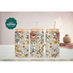 retro floral roses glass cup for women, floral glass iced coffee cup with bamboo lid and straw, gift for friend, rose co