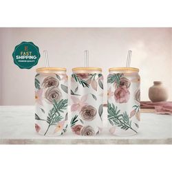 roses glass coffee cup, pink floral glass iced coffee cup with bamboo lid and straw, gift for friend, rose coffee glass