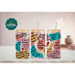Happiness Affirmation Glass Cup for Women, Happy Quote Ice Coffee Cup for Her, Happy Saying Iced Coffee Cup for Girl, Po