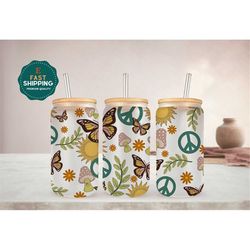 butterfly floral glass cup for women, sun iced coffee cup, sunflower can for women, butterfly glass can, floral ice coff