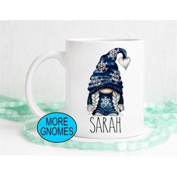 snowflake gnome mug, winter gnomes,  cozy sweater gnome, name coffee mug, custom gnome with personalization, hot cocoa m