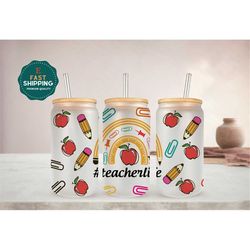 teacher life rainbow glass cup, teacher rainbow iced coffee cup for women, cute teacher life glass cup, teacher apprecia