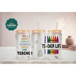 teacher life glass cup for women, teacher crayons iced coffee cup for women, teacher inspirational glass cup, teacher ap