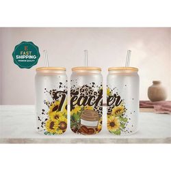 teacher sunflower glass cup, teacher iced coffee cup, cute teacher leopard coffee cup, teacher appreciation cup with bam