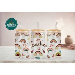 teacher rainbow libbey glass cup, teacher iced coffee cup for women, cute teacher coffee cup, teacher appreciation cup w